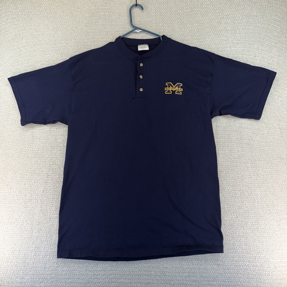 Vintage Santee Michigan Wolverines Henley Shirt Mens Large Blue USA Embroidered